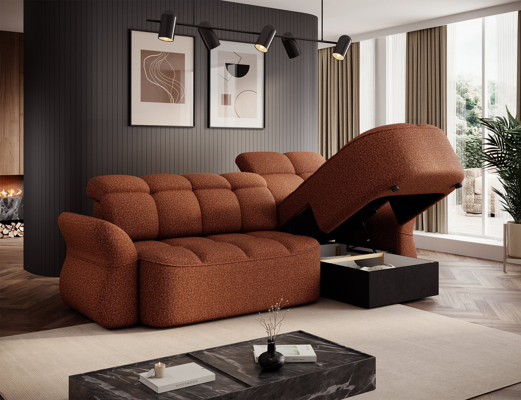 Canapé d'angle convertible design DROUOT avec coffre de rangement - Tissu chiné terracotta - vue 9