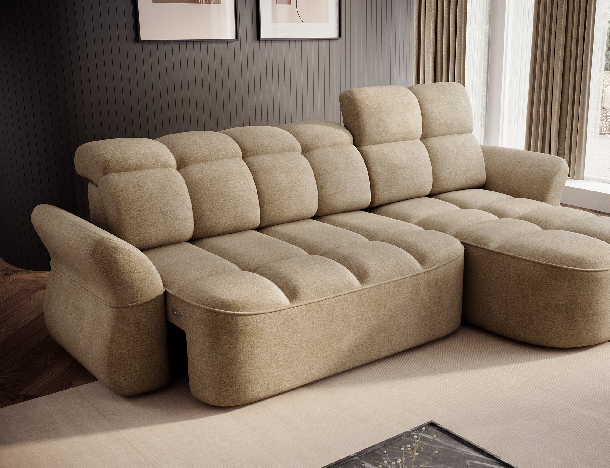 Canapé d'angle convertible design DROUOT avec coffre de rangement - Velours beige - vue 11