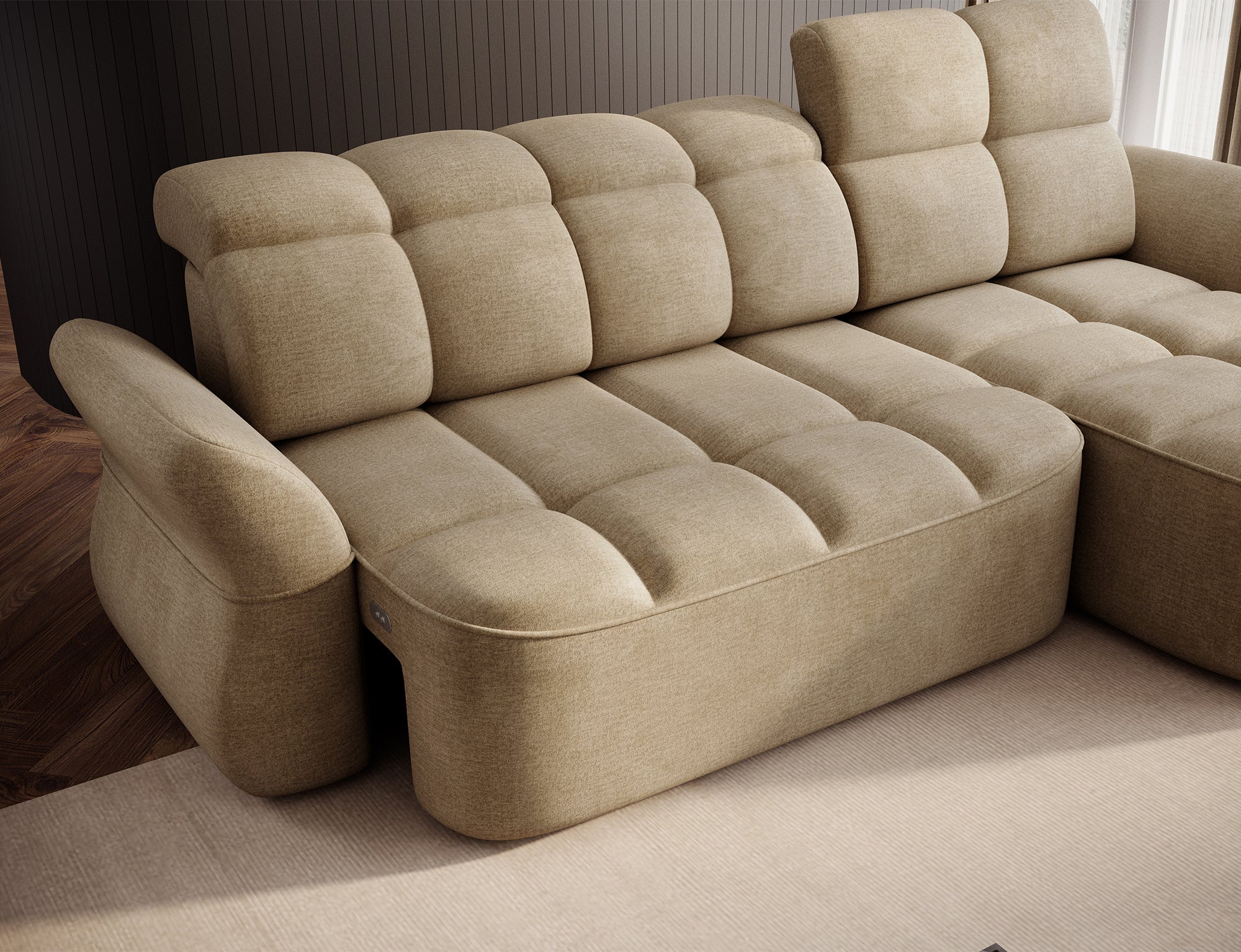 Canapé d'angle convertible design DROUOT avec coffre de rangement - Velours beige - vue 13