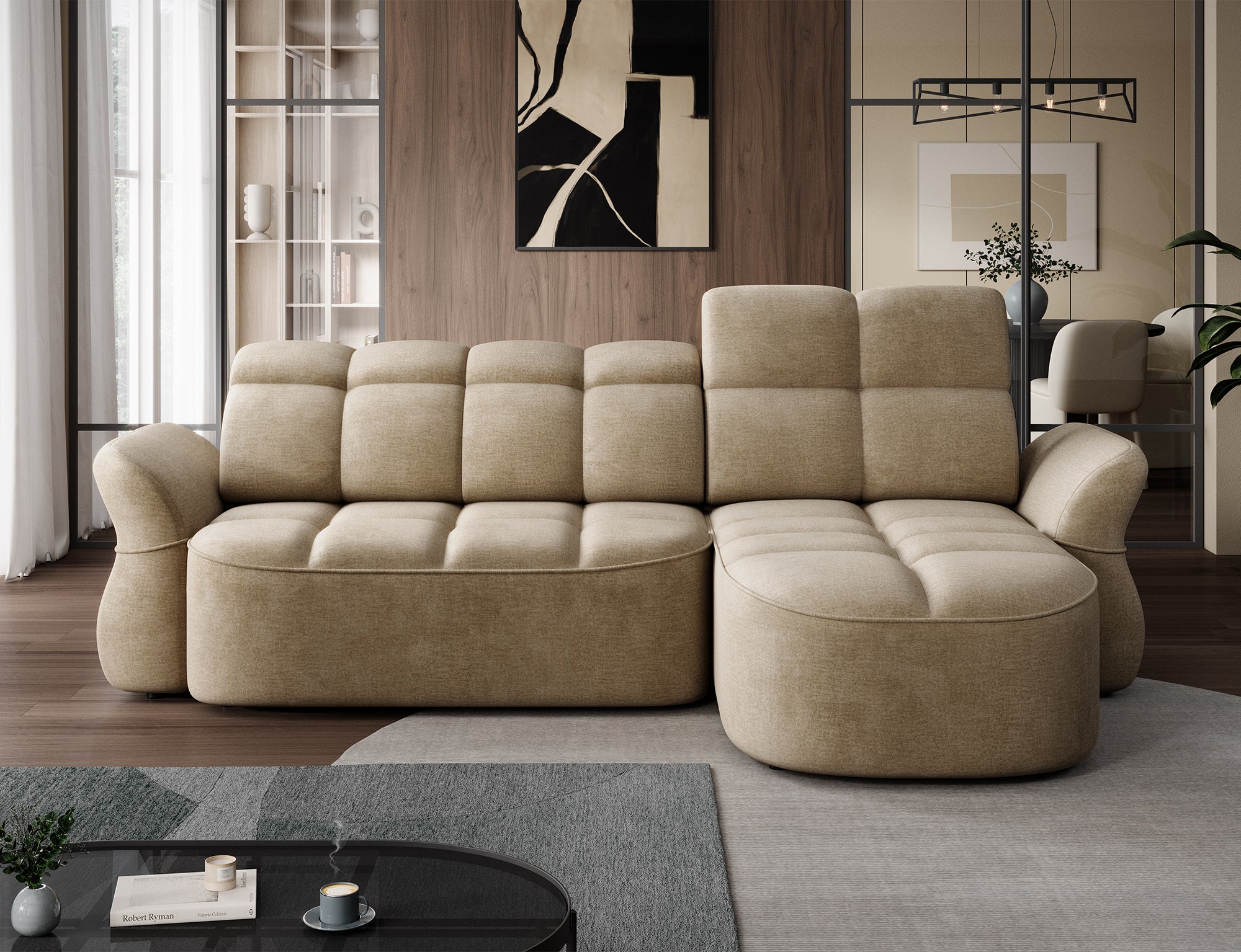 Canapé d'angle convertible design DROUOT avec coffre de rangement - Velours beige - vue 14