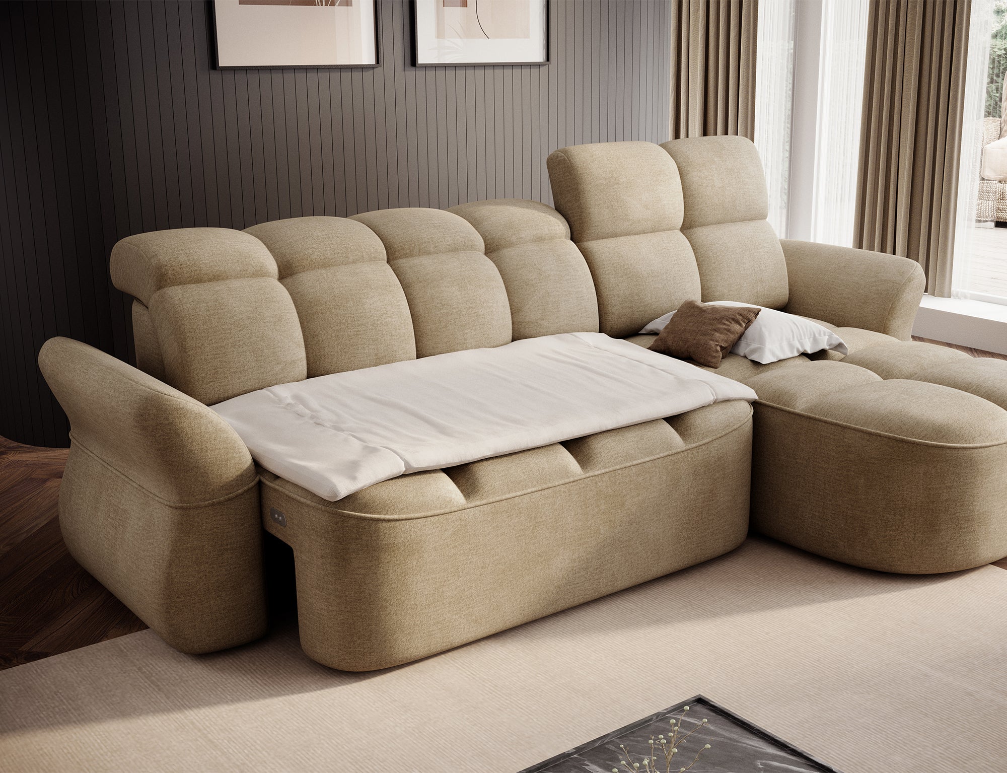 Canapé d'angle convertible design DROUOT avec coffre de rangement - Velours beige - vue 2