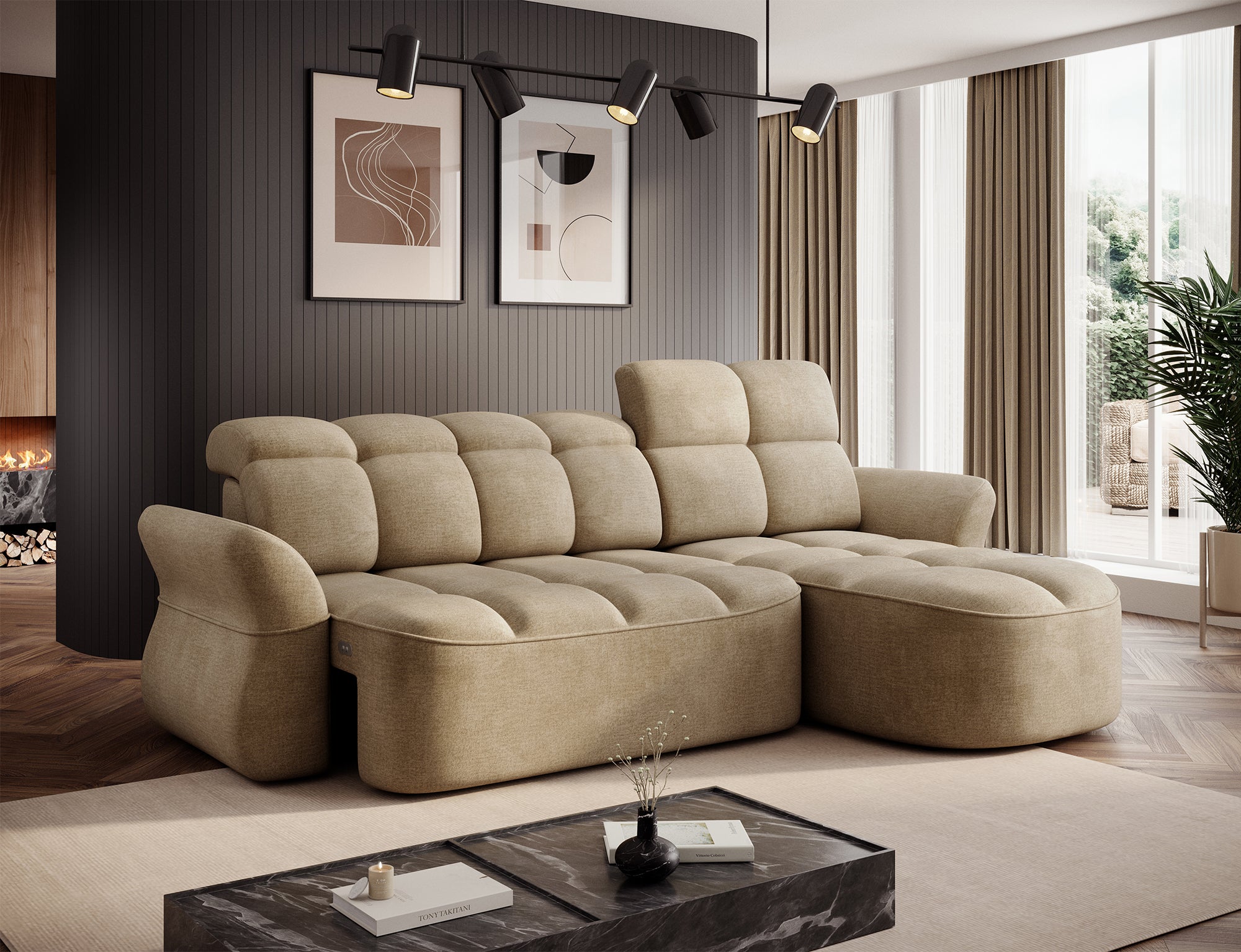 Canapé d'angle convertible design DROUOT avec coffre de rangement - Velours beige - vue 6