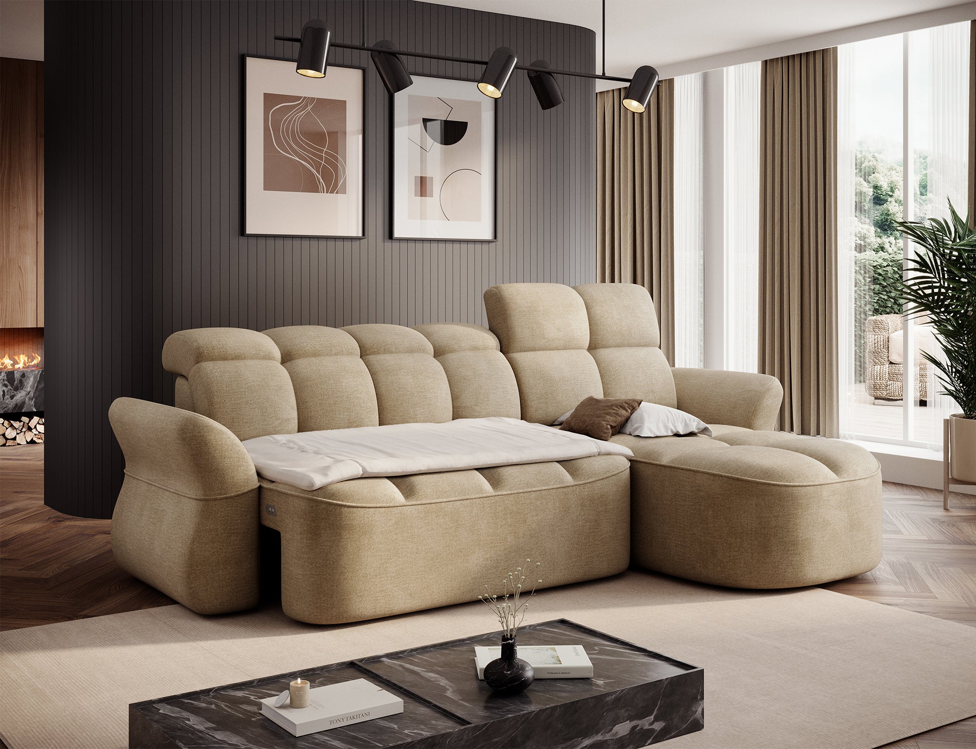 Canapé d'angle convertible design DROUOT avec coffre de rangement - Velours beige - vue 7