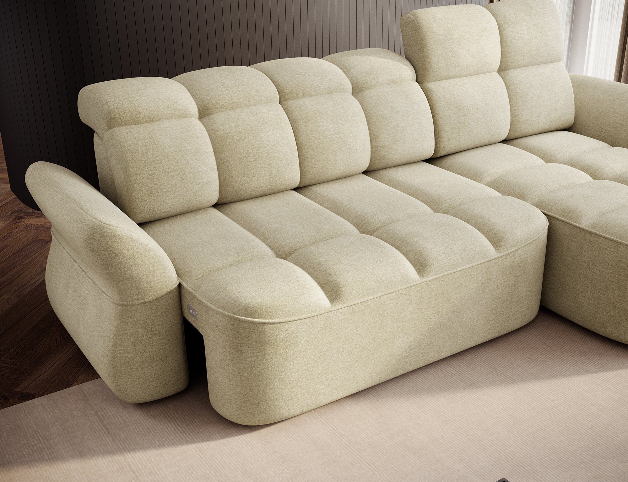 Canapé d'angle convertible design DROUOT avec coffre de rangement - Velours crème - vue 13