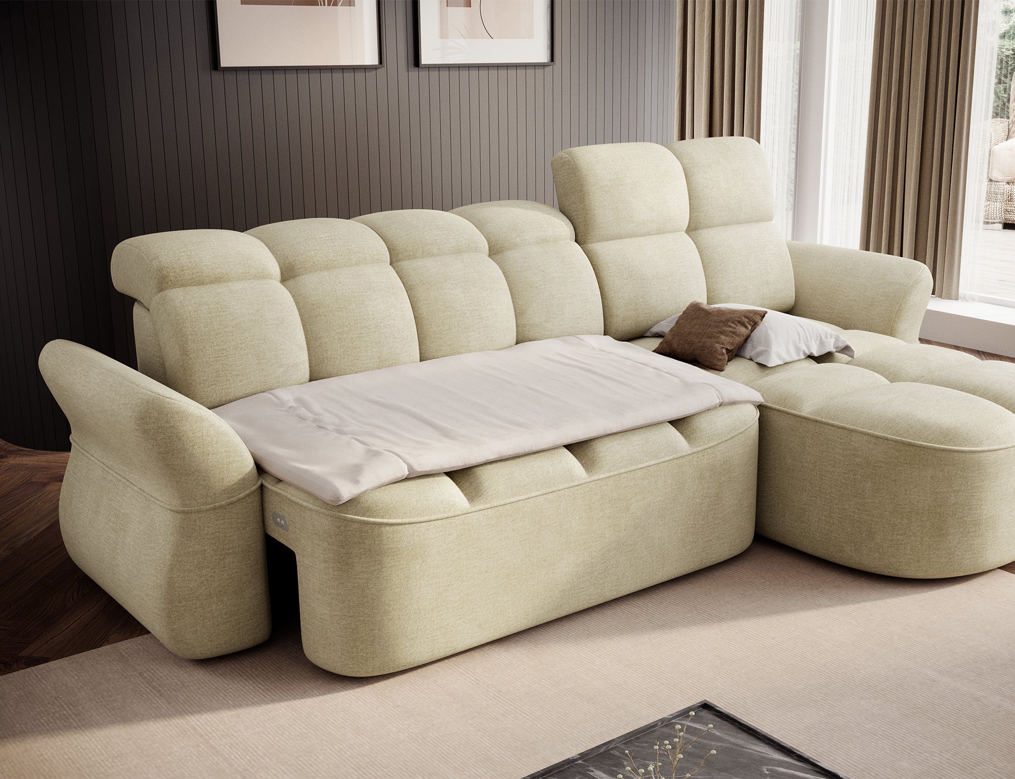 Canapé d'angle convertible design DROUOT avec coffre de rangement - Velours crème - vue 2