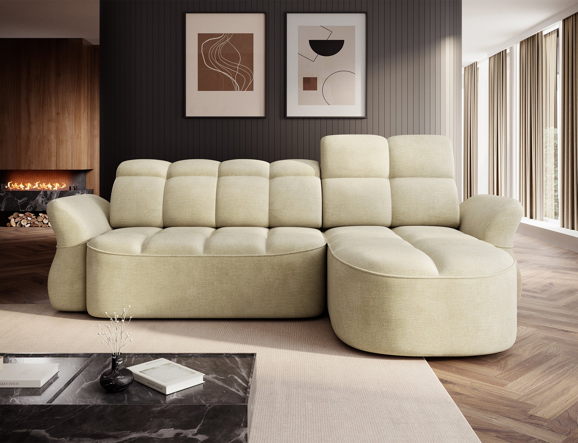 Canapé d'angle convertible design DROUOT avec coffre de rangement - Velours crème - vue 4