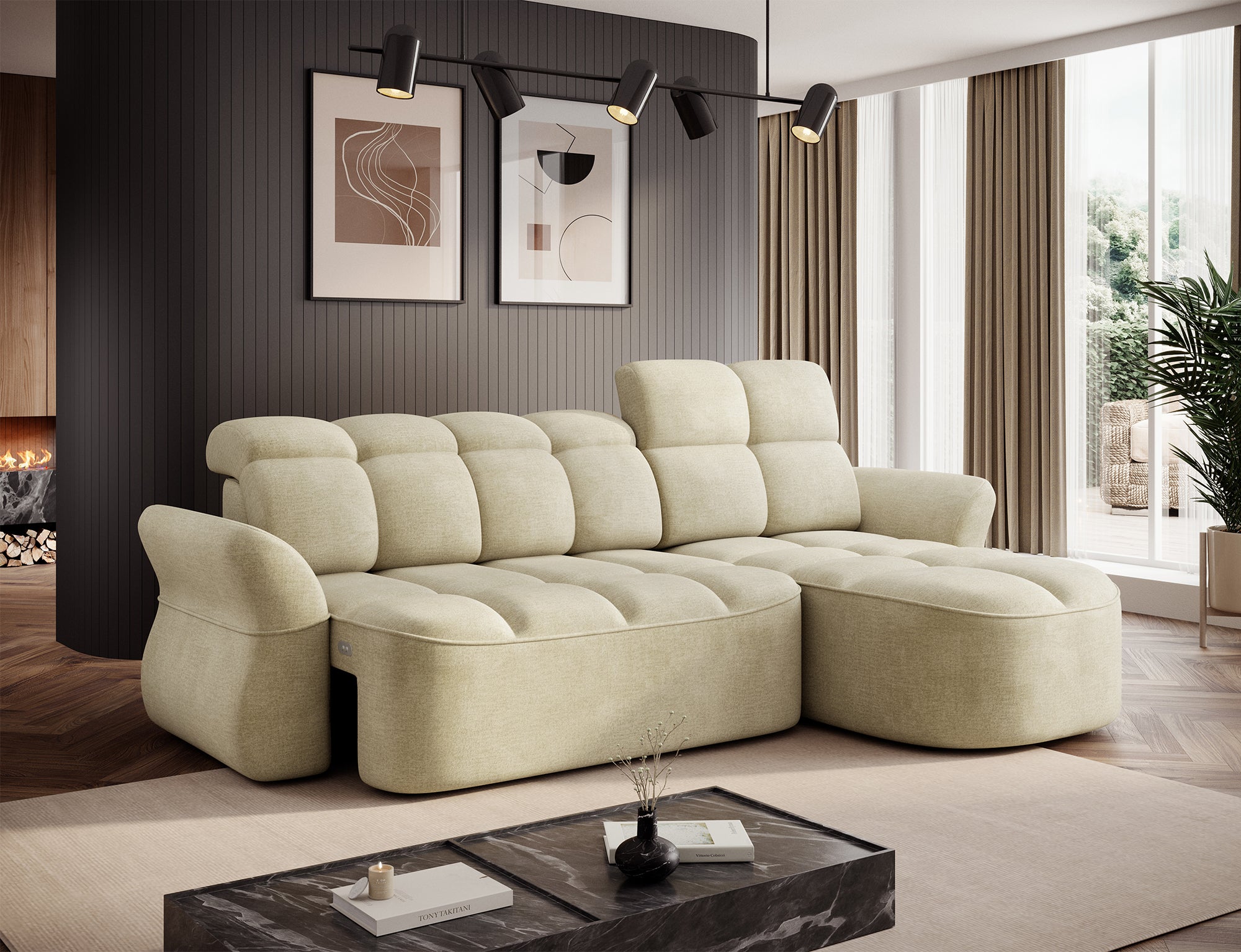 Canapé d'angle convertible design DROUOT avec coffre de rangement - Velours crème - vue 6