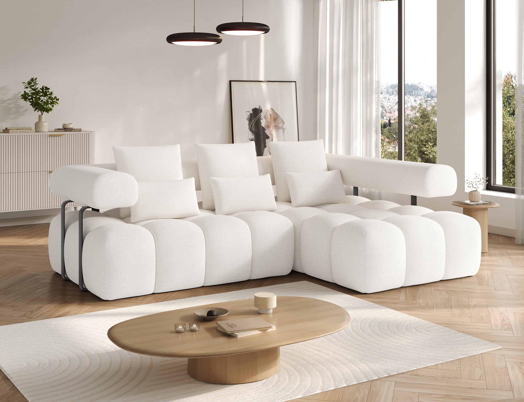 Canapé d'angle convertible design DUROC avec extension électrique - Boucle blanc crème - vue 3