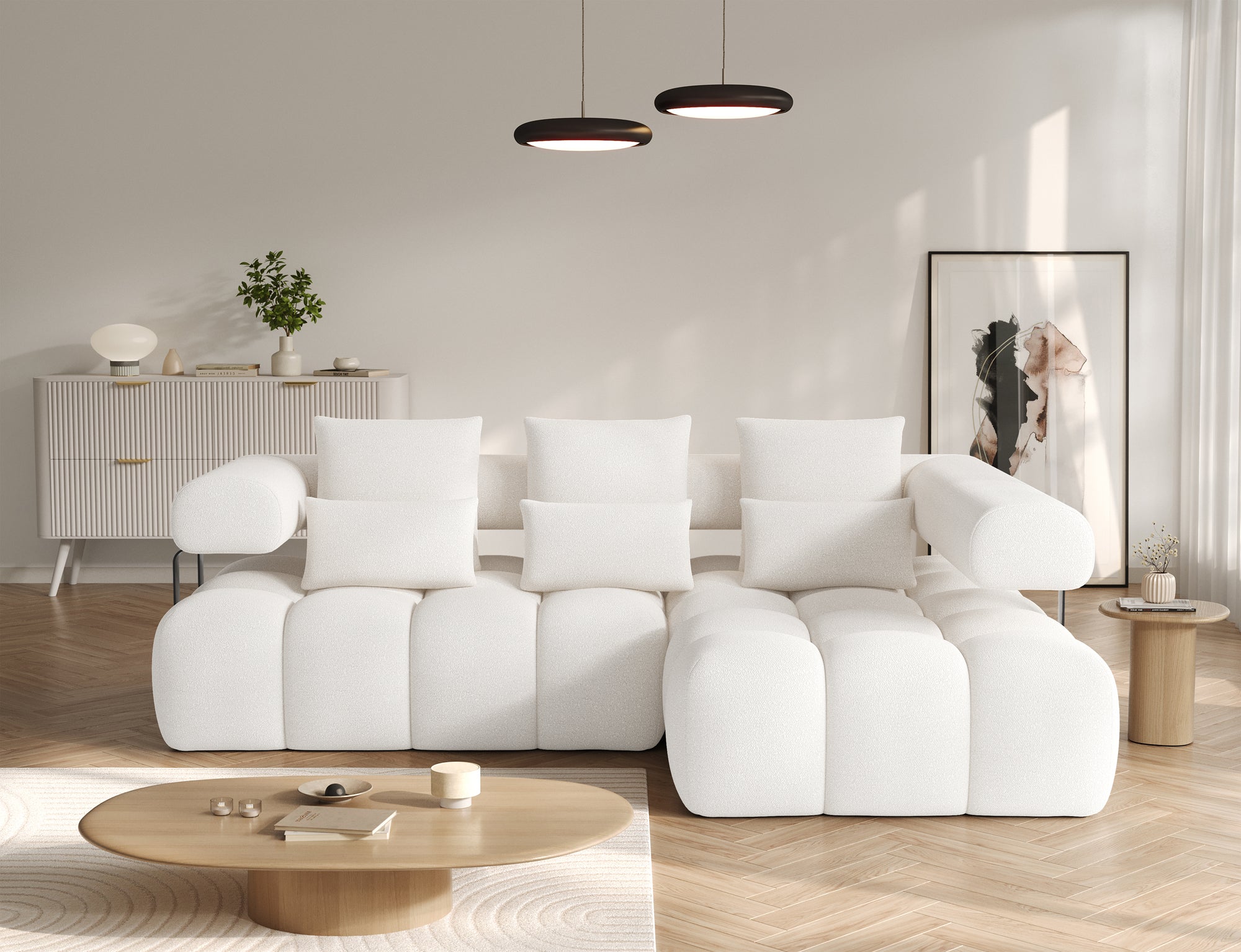 Canapé d'angle convertible design DUROC avec extension électrique - Boucle blanc crème - vue 4
