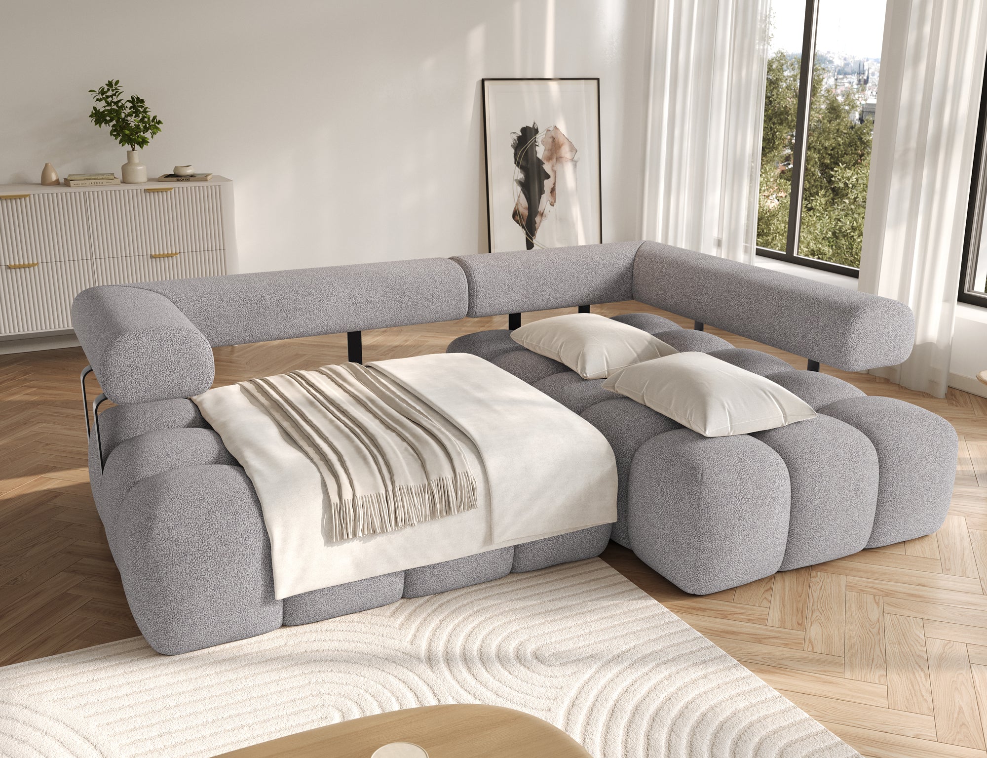 Canapé d'angle convertible design DUROC avec extension électrique - Boucle gris - vue 2