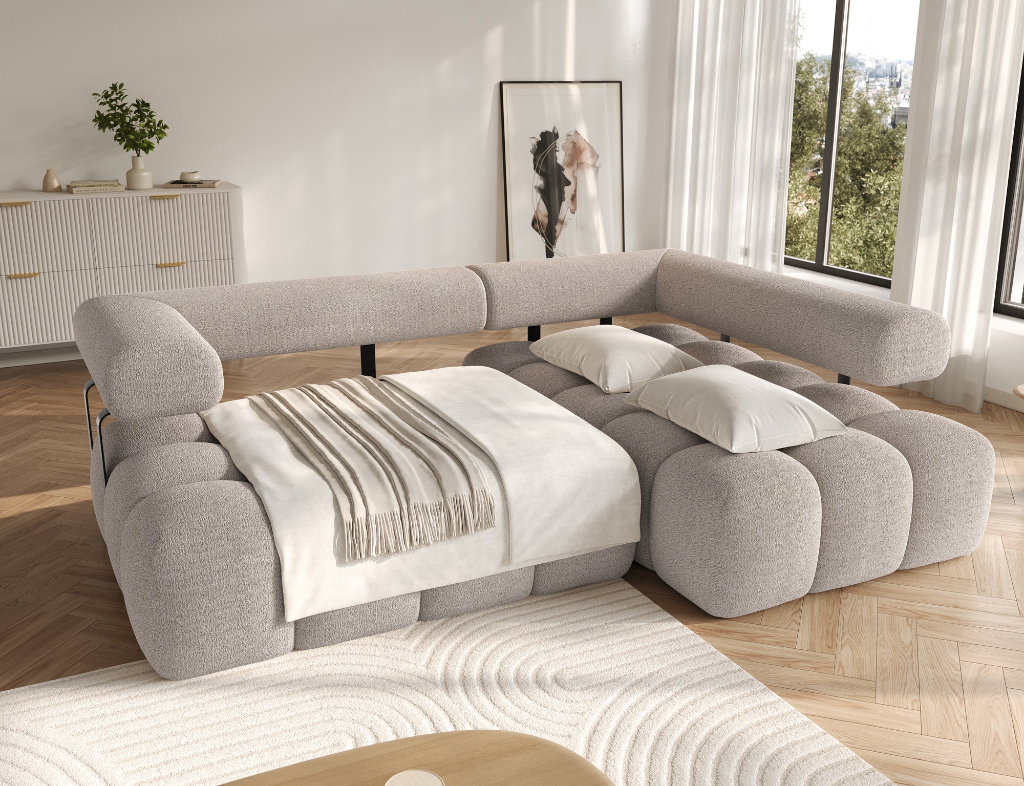 Canapé d'angle convertible design DUROC avec extension électrique - Bouclette chinée beige - vue 2