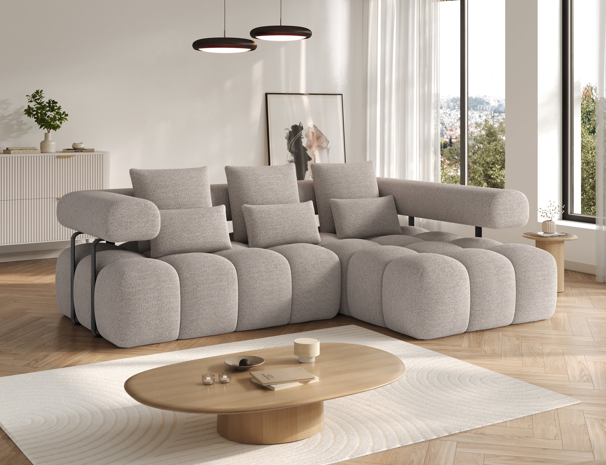 Canapé d'angle convertible design DUROC avec extension électrique - Bouclette chinée beige - vue 3