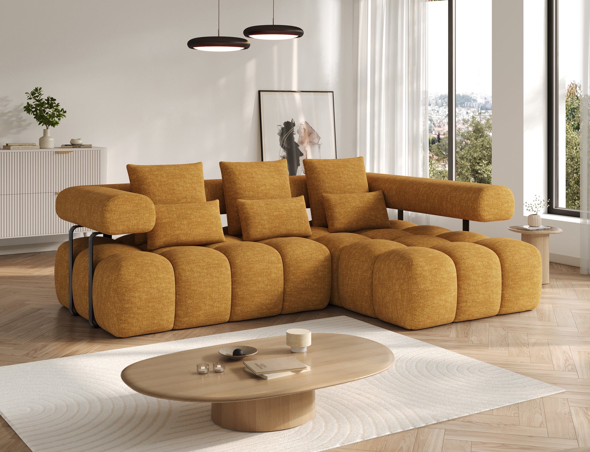 Canapé d'angle convertible design DUROC avec extension électrique - Velours maille ambre - vue 3