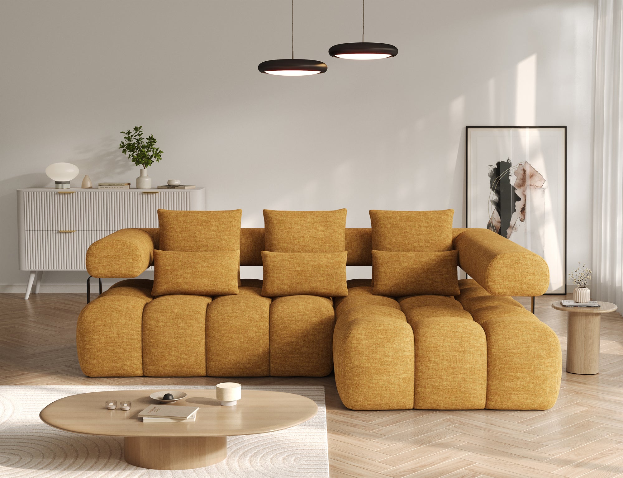 Canapé d'angle convertible design DUROC avec extension électrique - Velours maille ambre - vue 4