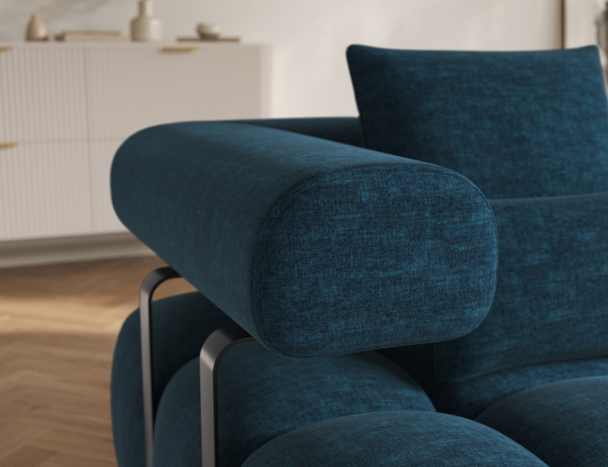 Canapé d'angle convertible design DUROC avec extension électrique - Velours maille bleu marine - vue 10