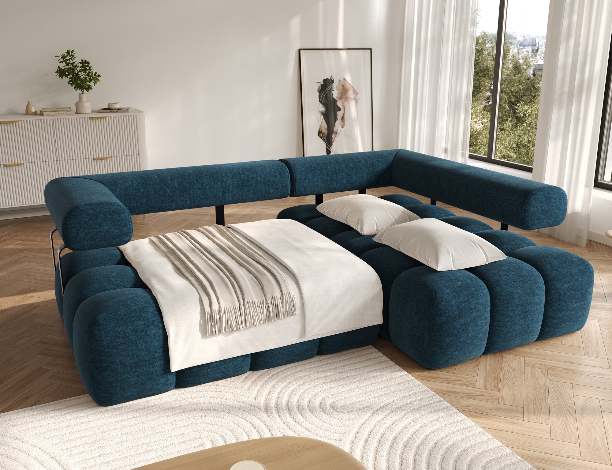 Canapé d'angle convertible design DUROC avec extension électrique - Velours maille bleu marine - vue 2