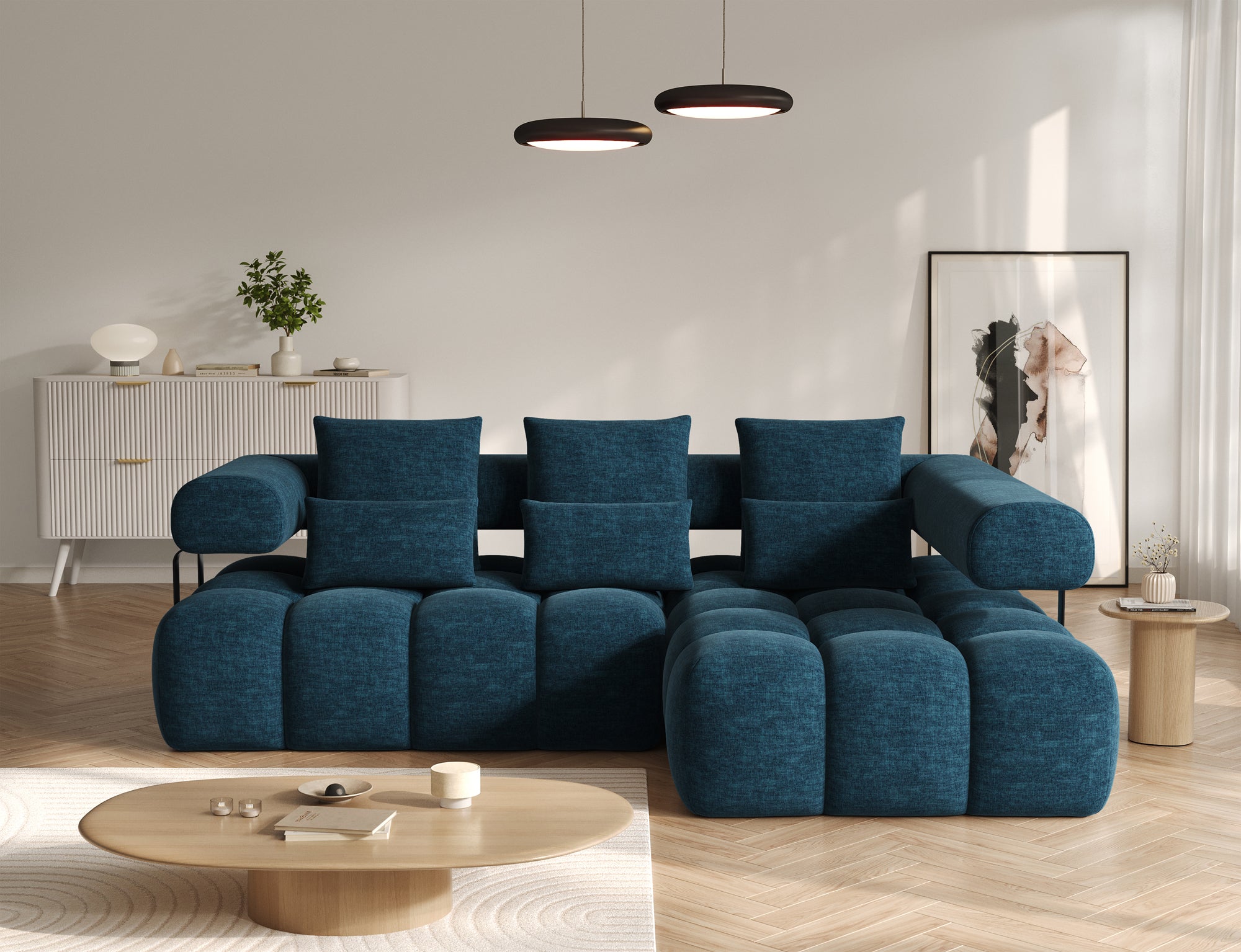 Canapé d'angle convertible design DUROC avec extension électrique - Velours maille bleu marine - vue 4