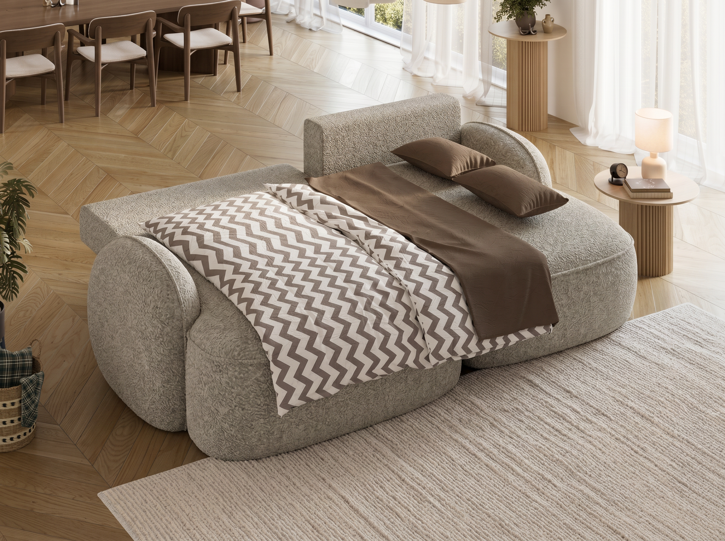 Canapé d'angle convertible design MIRABEAU avec coffre de rangement - Bouclette chinée beige - vue 2