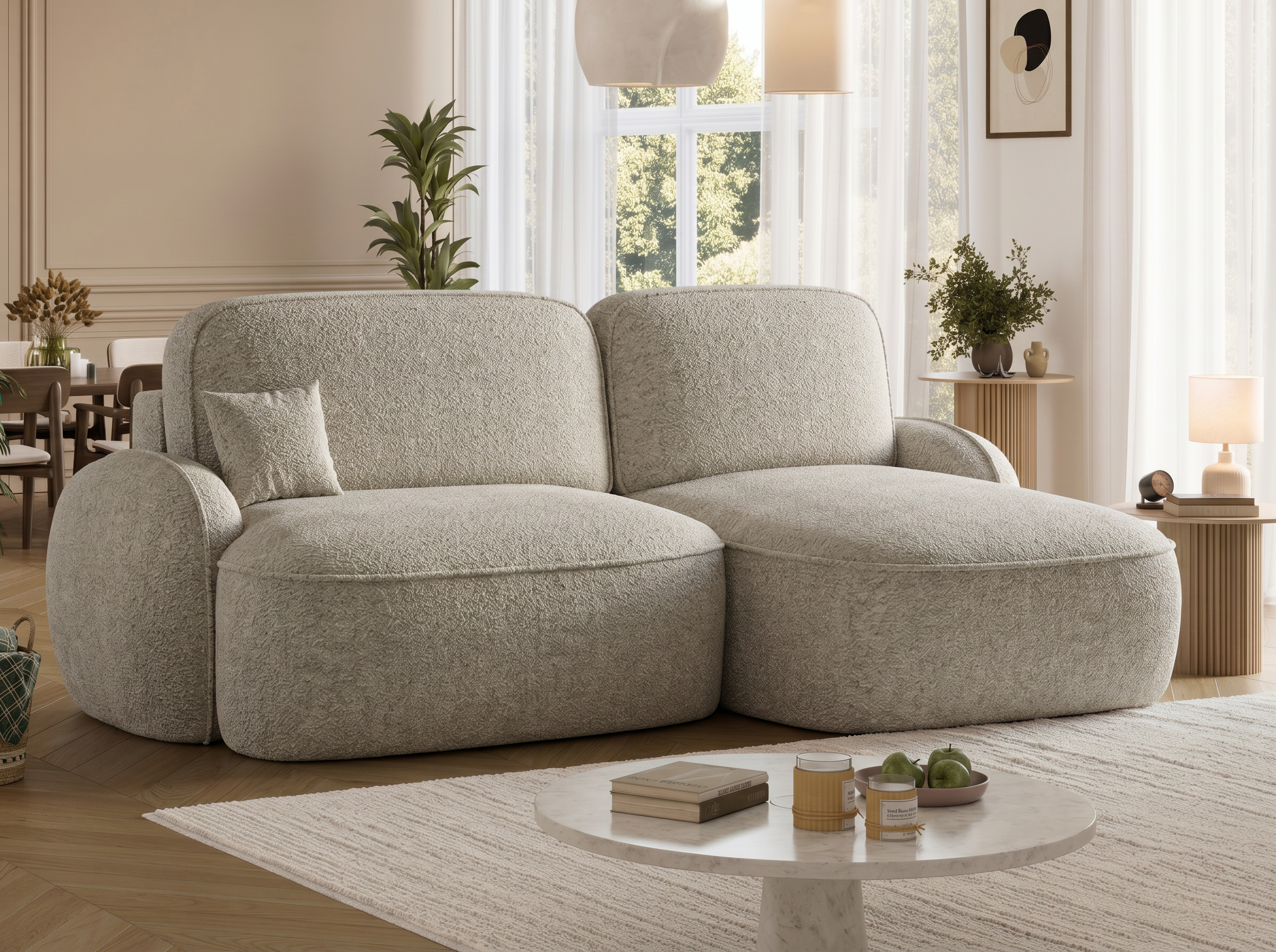 Canapé d'angle convertible design MIRABEAU avec coffre de rangement - Bouclette chinée beige - vue 5