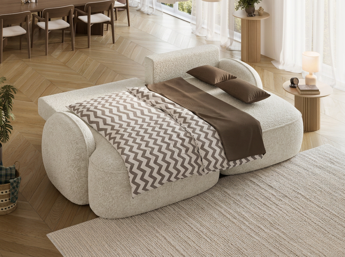 Canapé d'angle convertible design MIRABEAU avec coffre de rangement - Bouclette chinée crème - vue 2