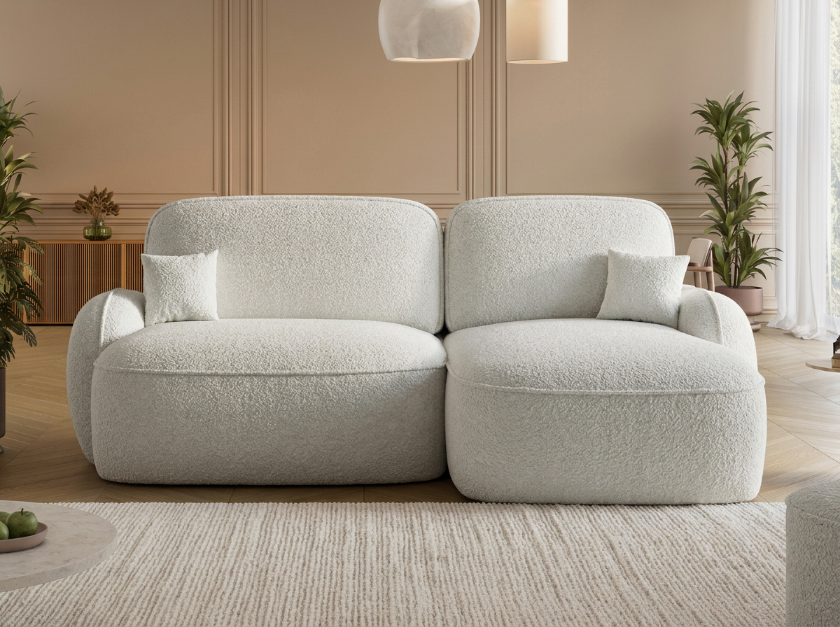 Canapé d'angle convertible design MIRABEAU avec coffre de rangement - Bouclette chinée crème - vue 3