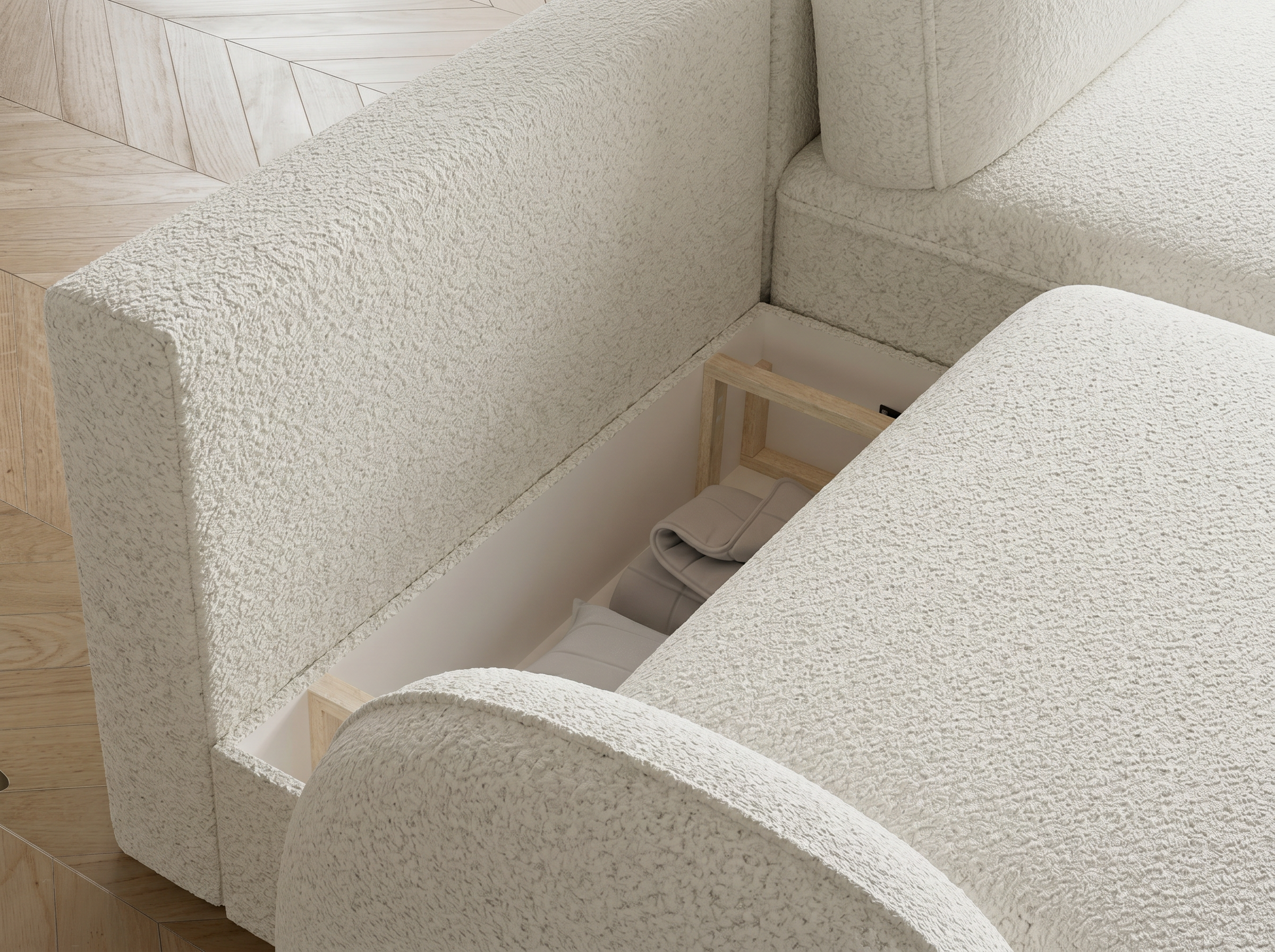 Canapé d'angle convertible design MIRABEAU avec coffre de rangement - Bouclette chinée crème - vue 9