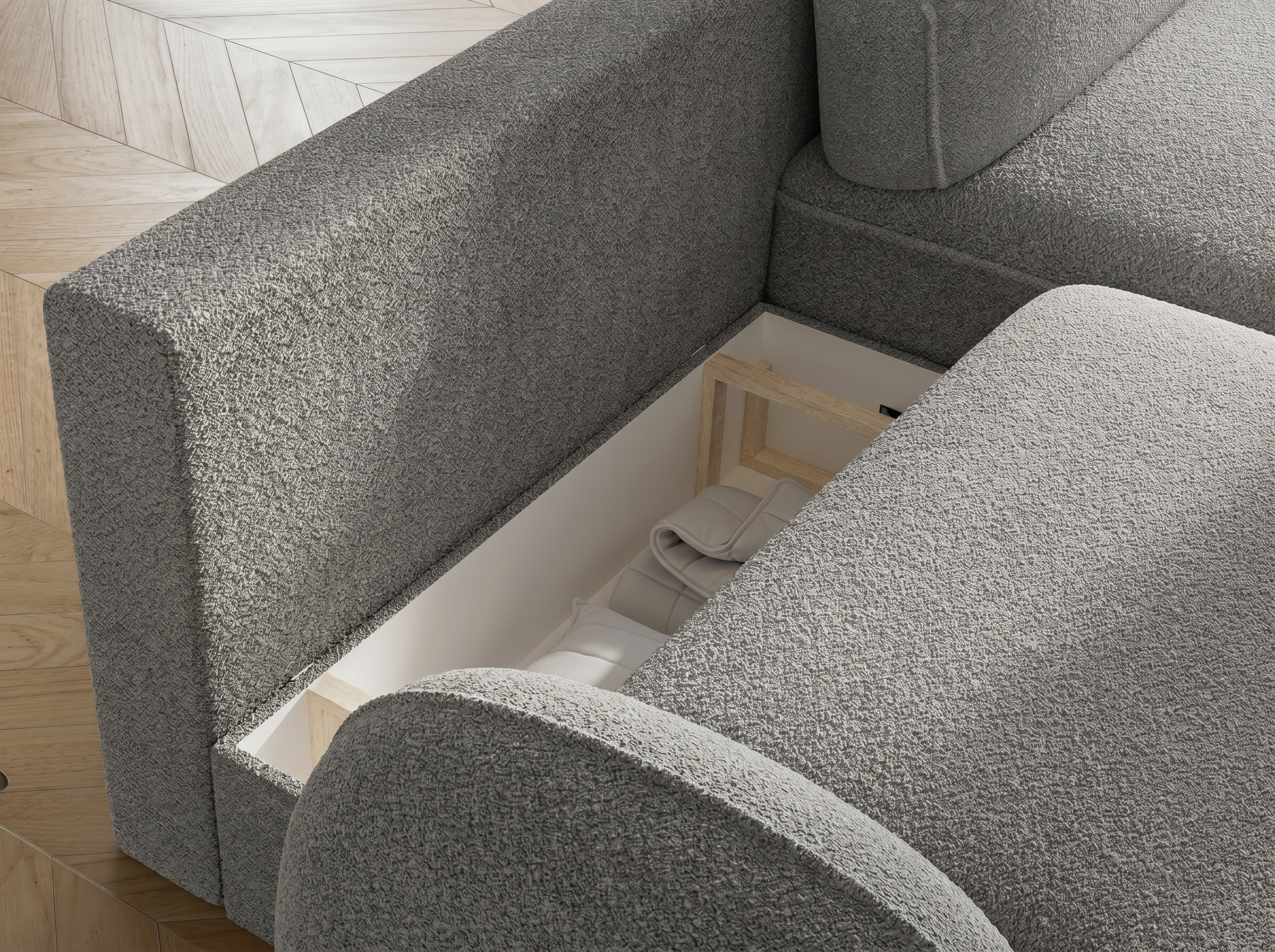 Canapé d'angle convertible design MIRABEAU avec coffre de rangement - Bouclette chinée gris - vue 9