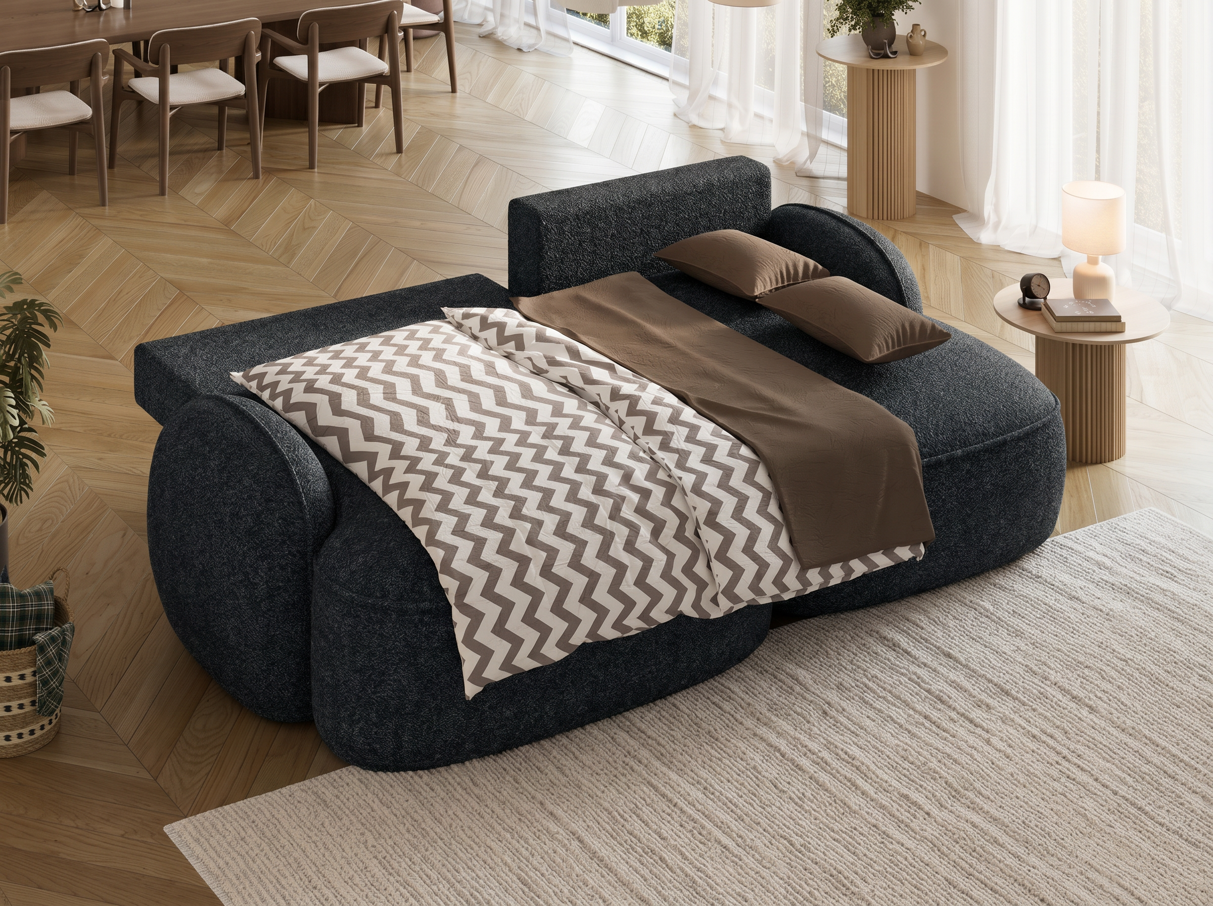 Canapé d'angle convertible design MIRABEAU avec coffre de rangement - Bouclette chinée gris foncé - vue 2