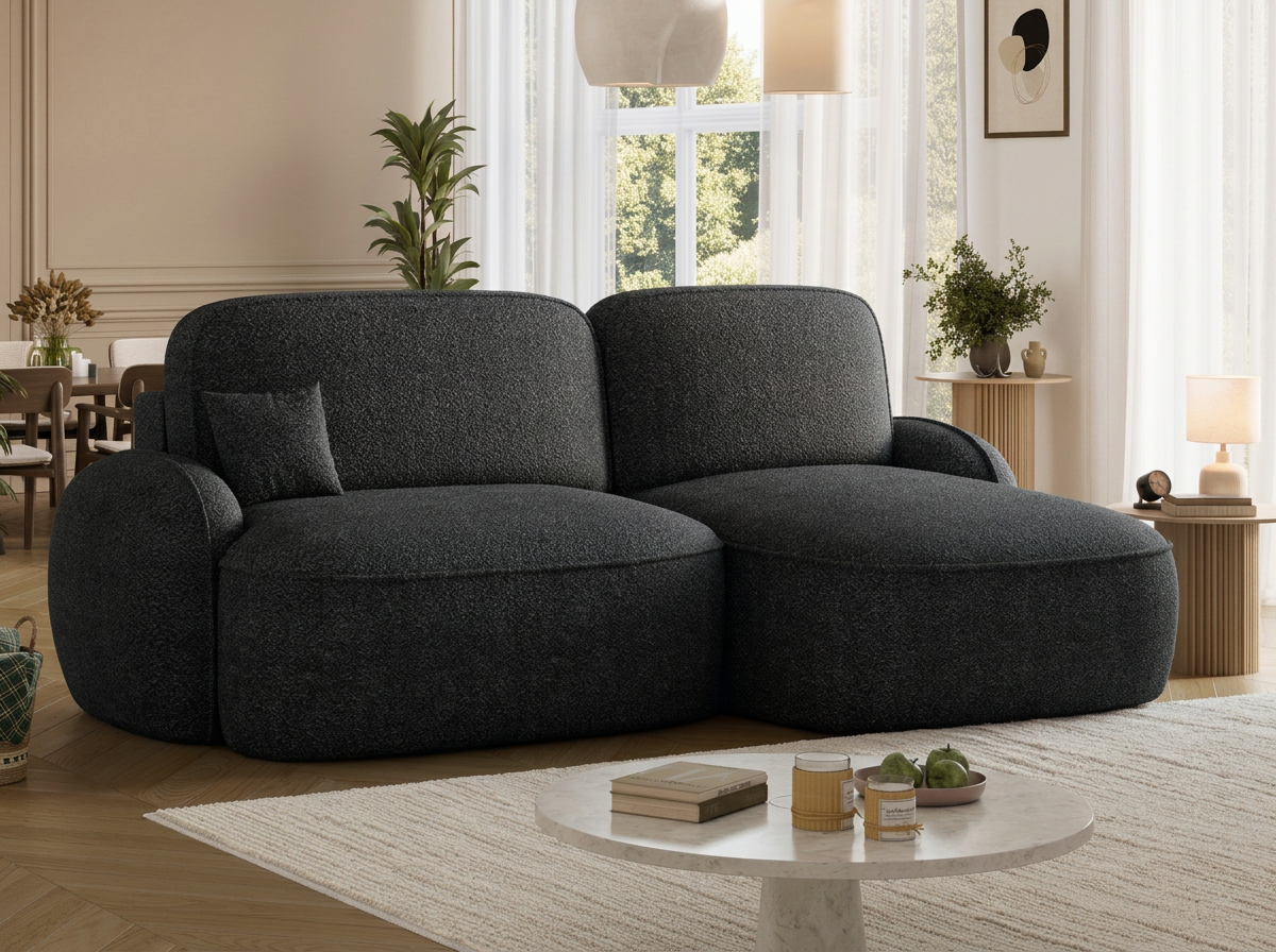 Canapé d'angle convertible design MIRABEAU avec coffre de rangement - Bouclette chinée gris foncé - vue 6