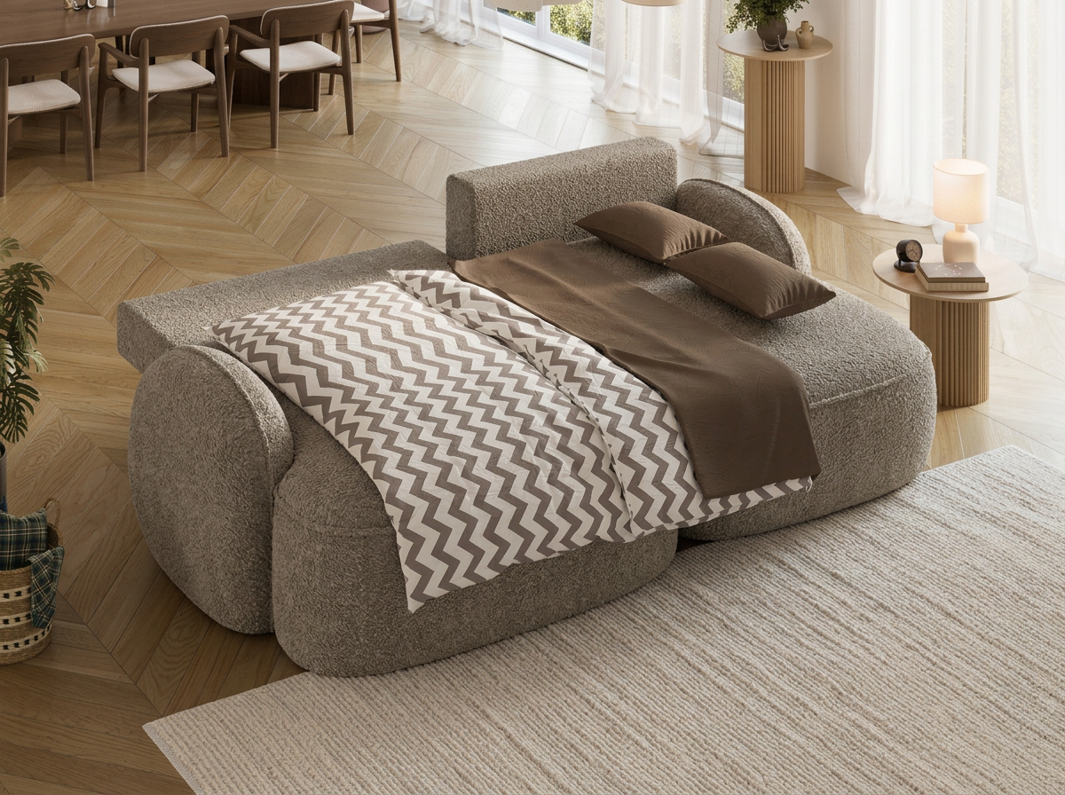Canapé d'angle convertible design MIRABEAU avec coffre de rangement - Bouclette chinée taupe - vue 2