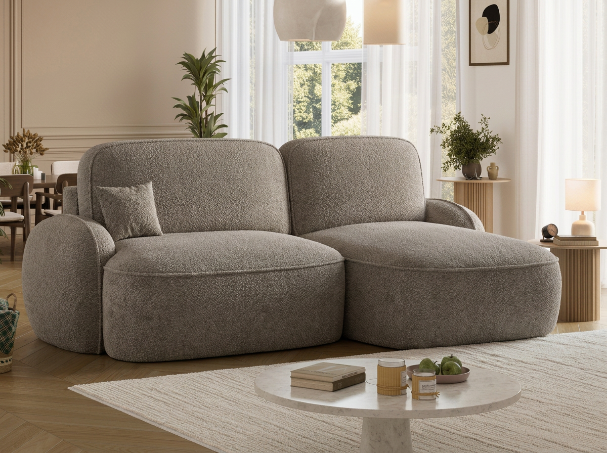 Canapé d'angle convertible design MIRABEAU avec coffre de rangement - Bouclette chinée taupe - vue 4