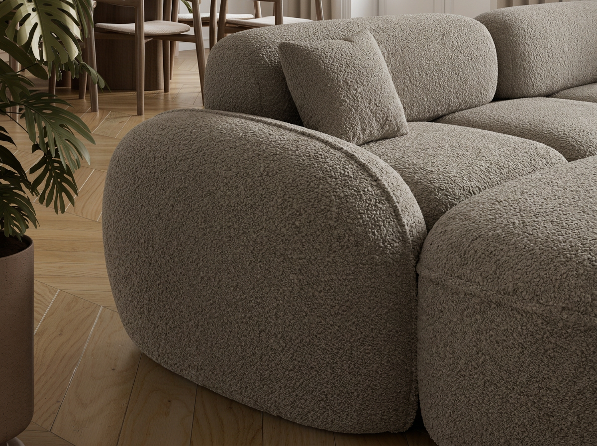 Canapé d'angle convertible design MIRABEAU avec coffre de rangement - Bouclette chinée taupe - vue 8