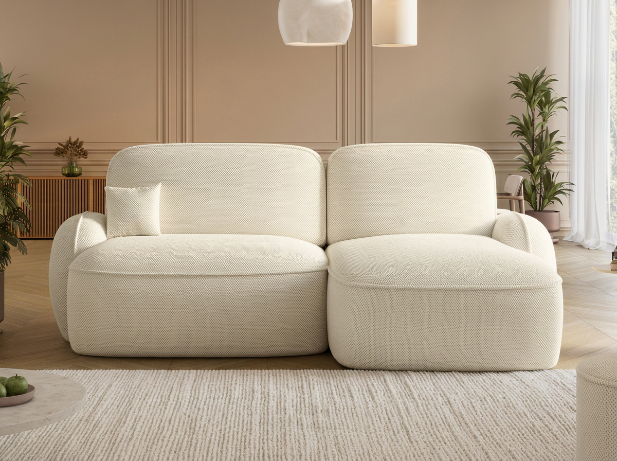 Canapé d'angle convertible design MIRABEAU avec coffre de rangement - Tissu texturé beige - vue 3