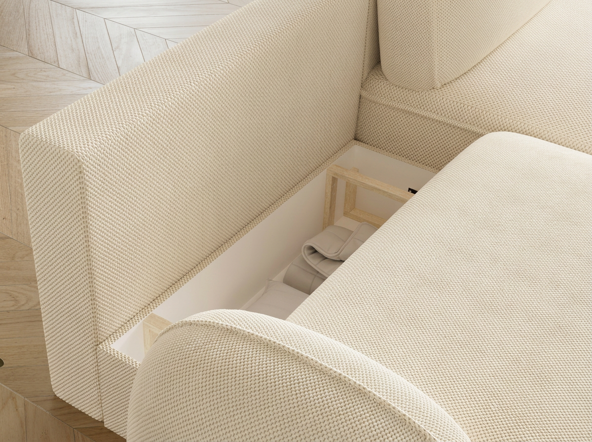 Canapé d'angle convertible design MIRABEAU avec coffre de rangement - Tissu texturé beige - vue 9