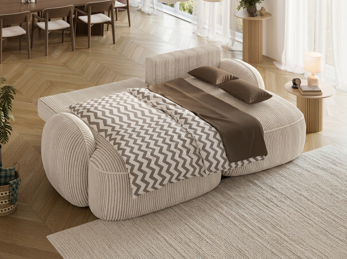 Canapé d'angle convertible design MIRABEAU avec coffre de rangement - Velours côtelé épais beige - vue 2