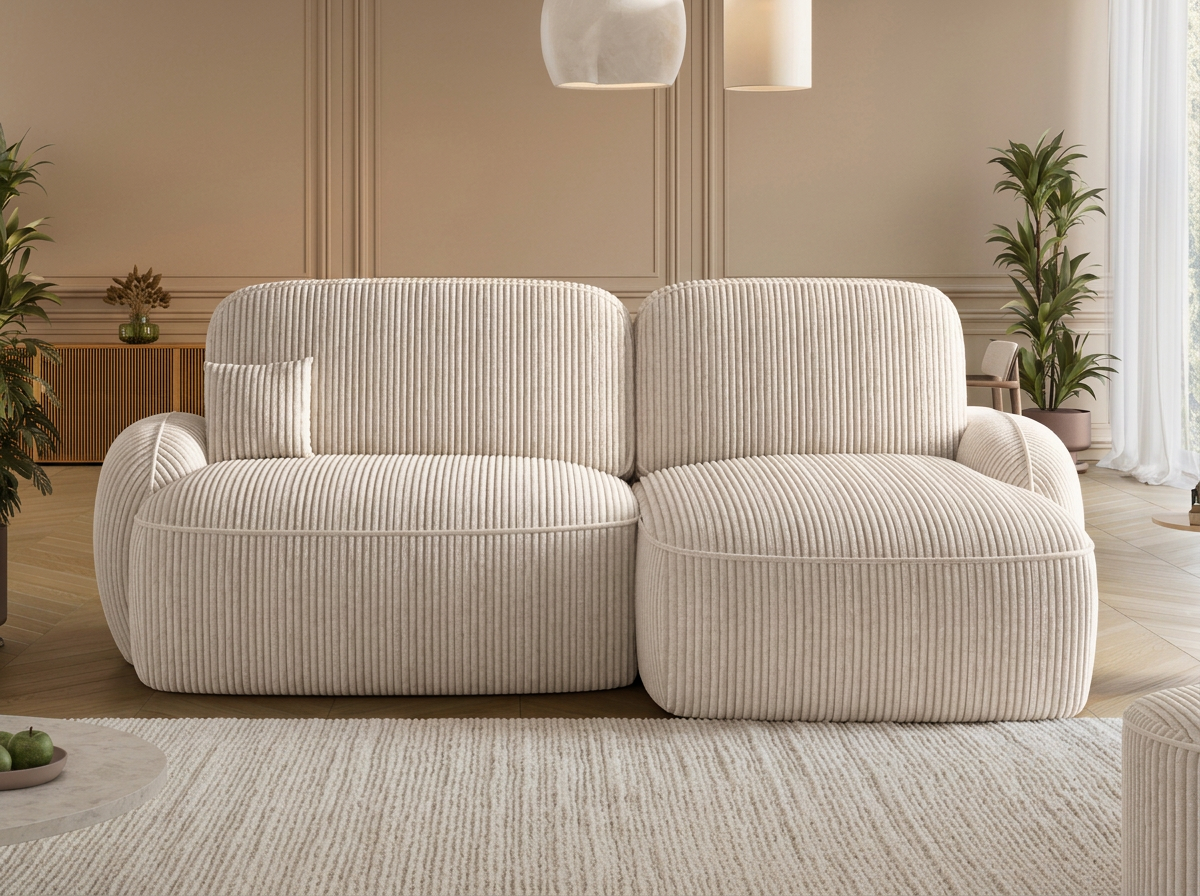 Canapé d'angle convertible design MIRABEAU avec coffre de rangement - Velours côtelé épais beige - vue 3