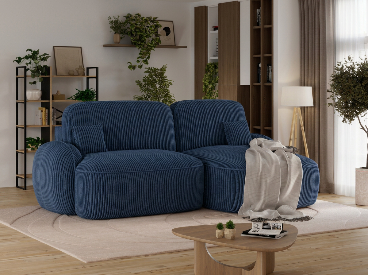 Canapé d'angle convertible design MIRABEAU avec coffre de rangement - Velours côtelé épais bleu - vue 4