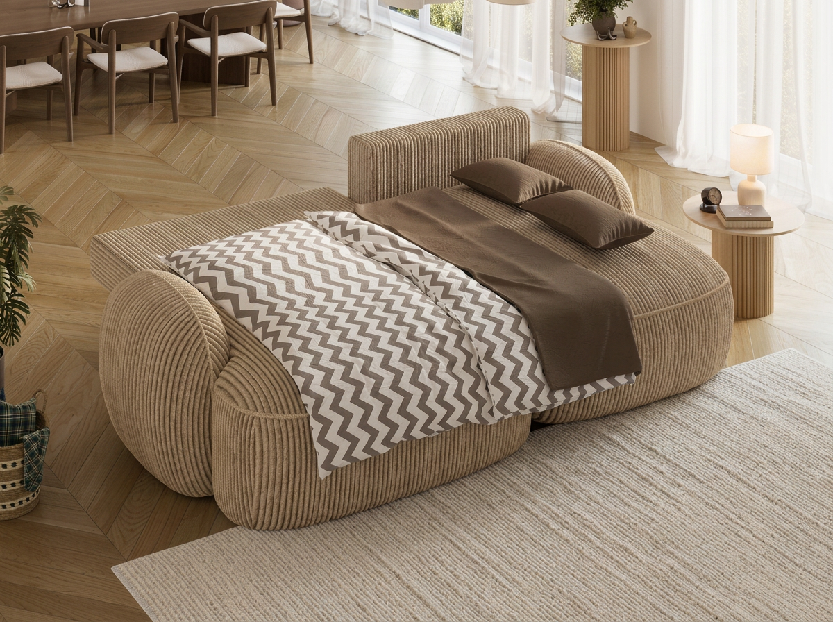 Canapé d'angle convertible design MIRABEAU avec coffre de rangement - Velours côtelé épais camel - vue 2