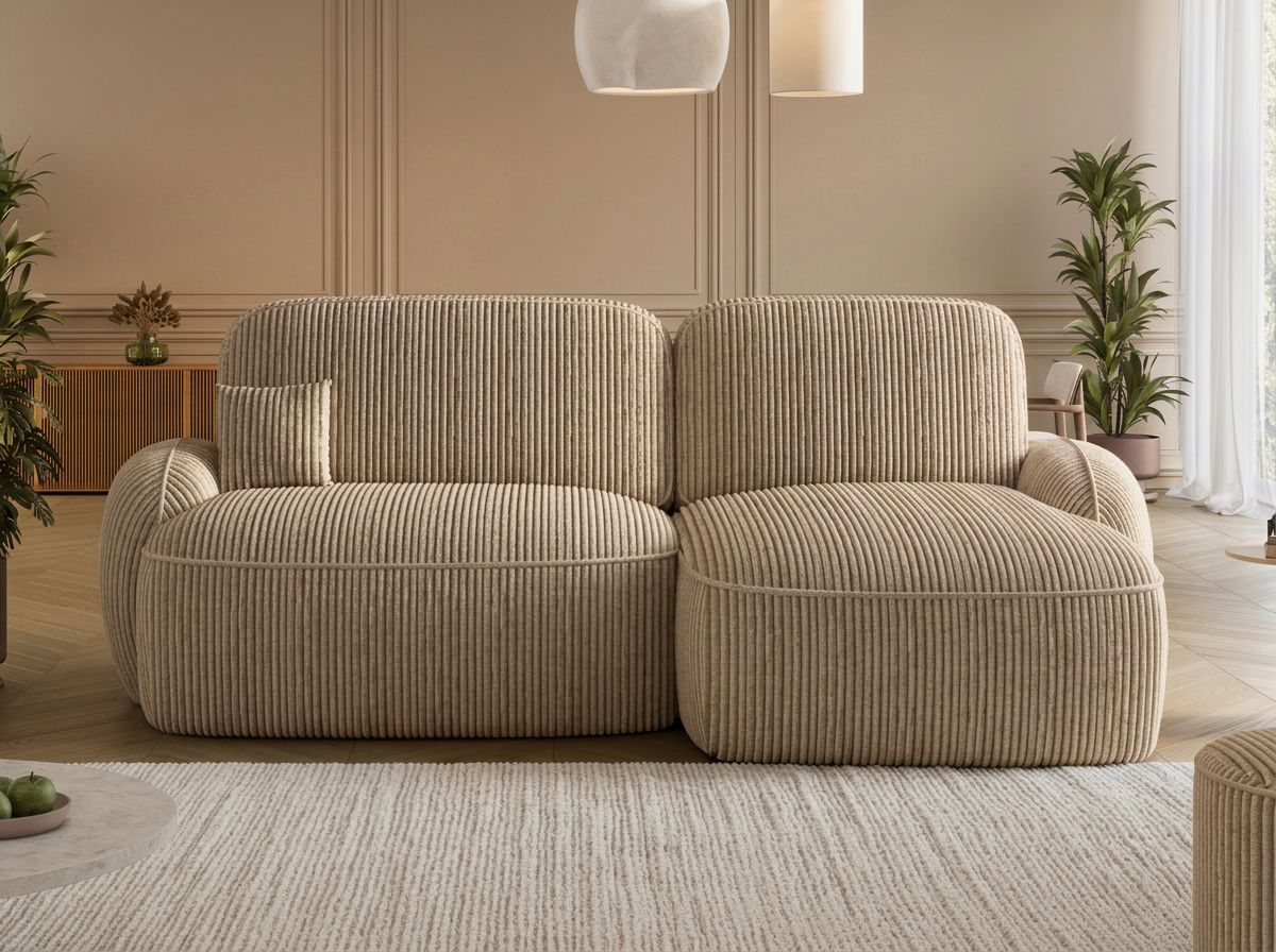 Canapé d'angle convertible design MIRABEAU avec coffre de rangement - Velours côtelé épais camel - vue 3