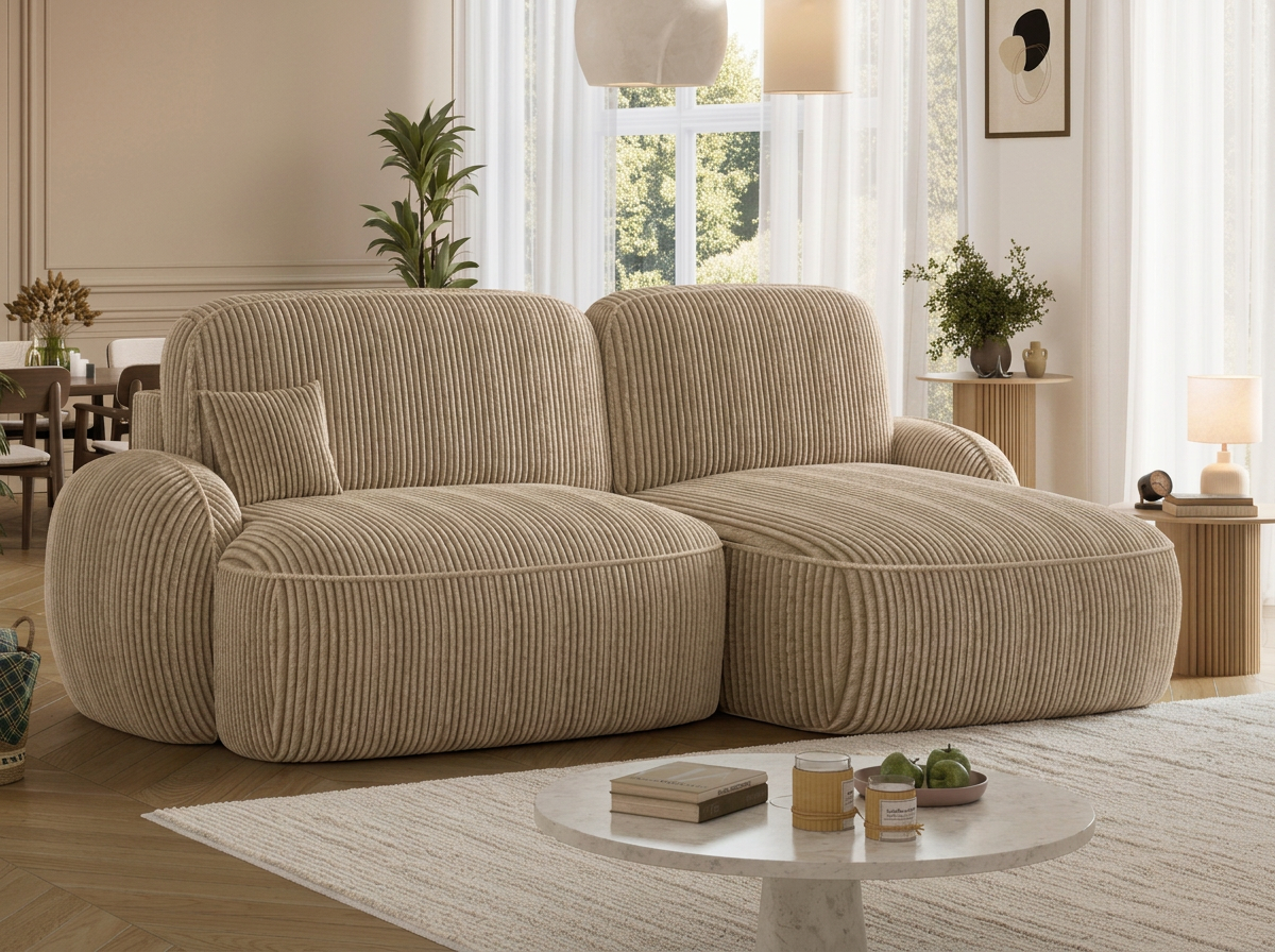 Canapé d'angle convertible design MIRABEAU avec coffre de rangement - Velours côtelé épais camel - vue 5