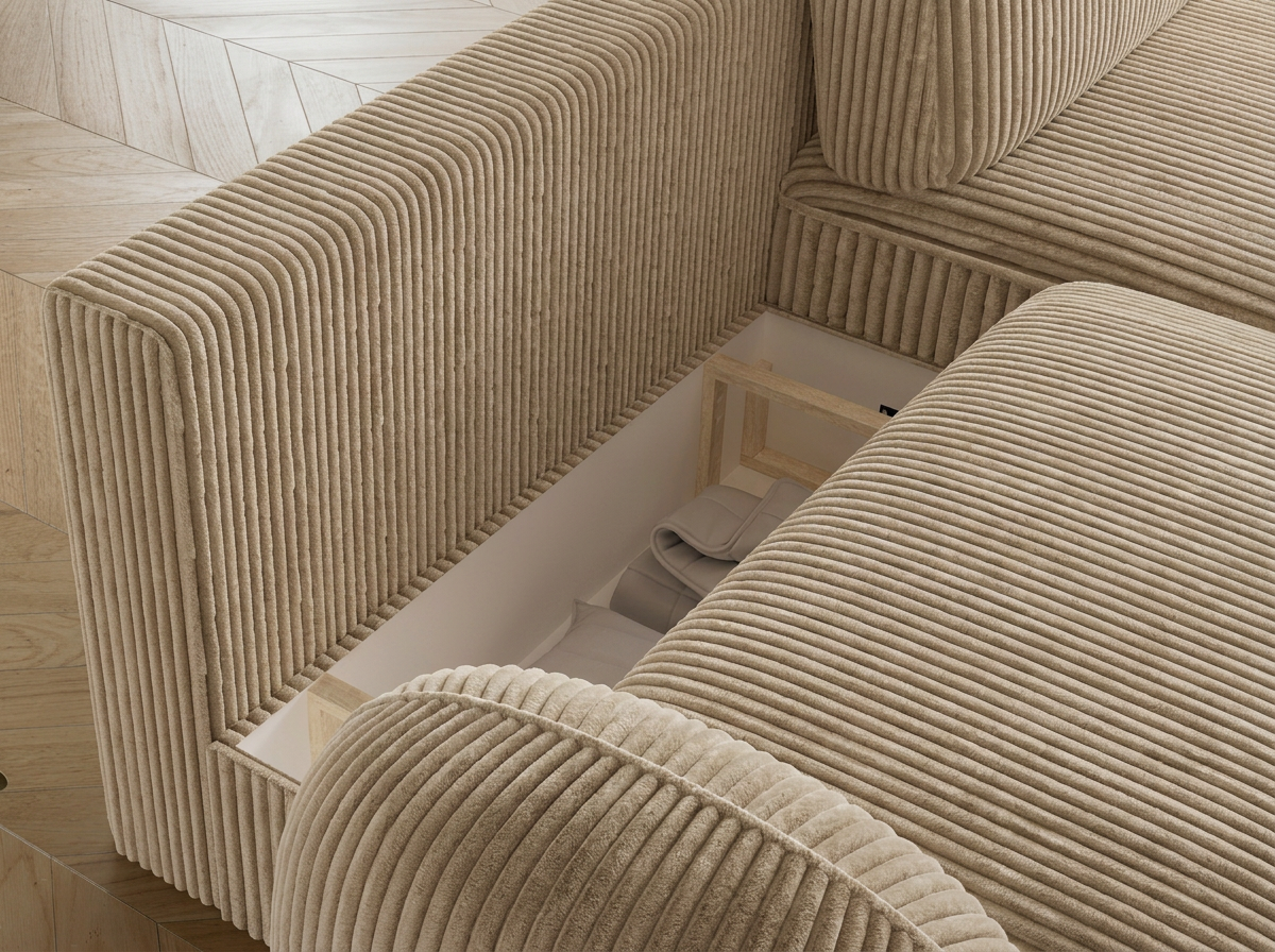 Canapé d'angle convertible design MIRABEAU avec coffre de rangement - Velours côtelé épais camel - vue 9