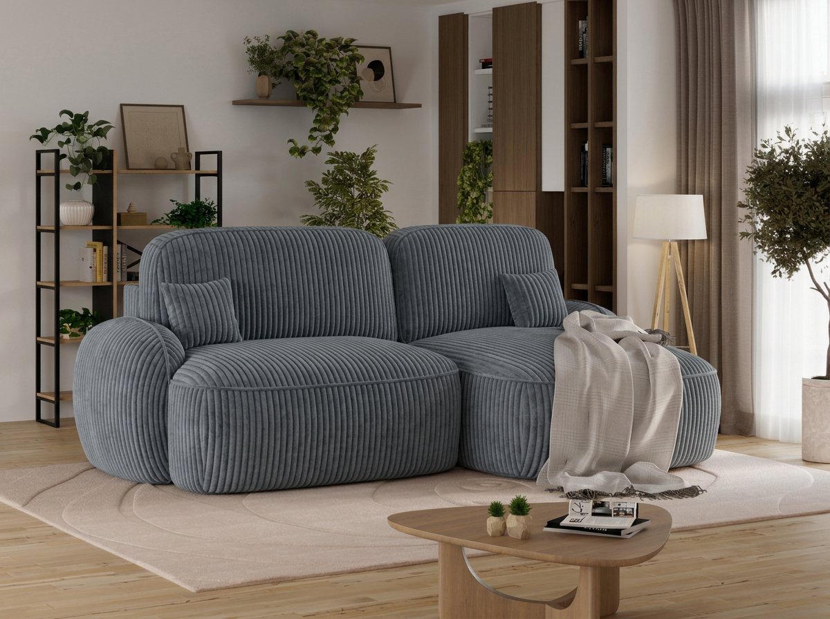Canapé d'angle convertible design MIRABEAU avec coffre de rangement - Velours côtelé épais gris bleu - vue 4