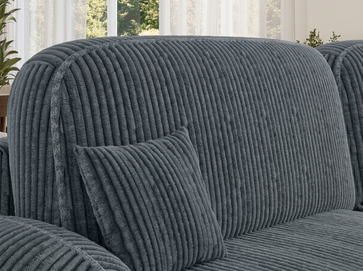Canapé d'angle convertible design MIRABEAU avec coffre de rangement - Velours côtelé épais gris bleu - vue 6