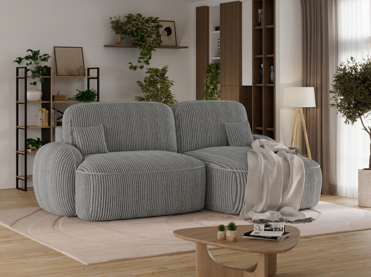 Canapé d'angle convertible design MIRABEAU avec coffre de rangement - Velours côtelé épais gris clair - vue 4