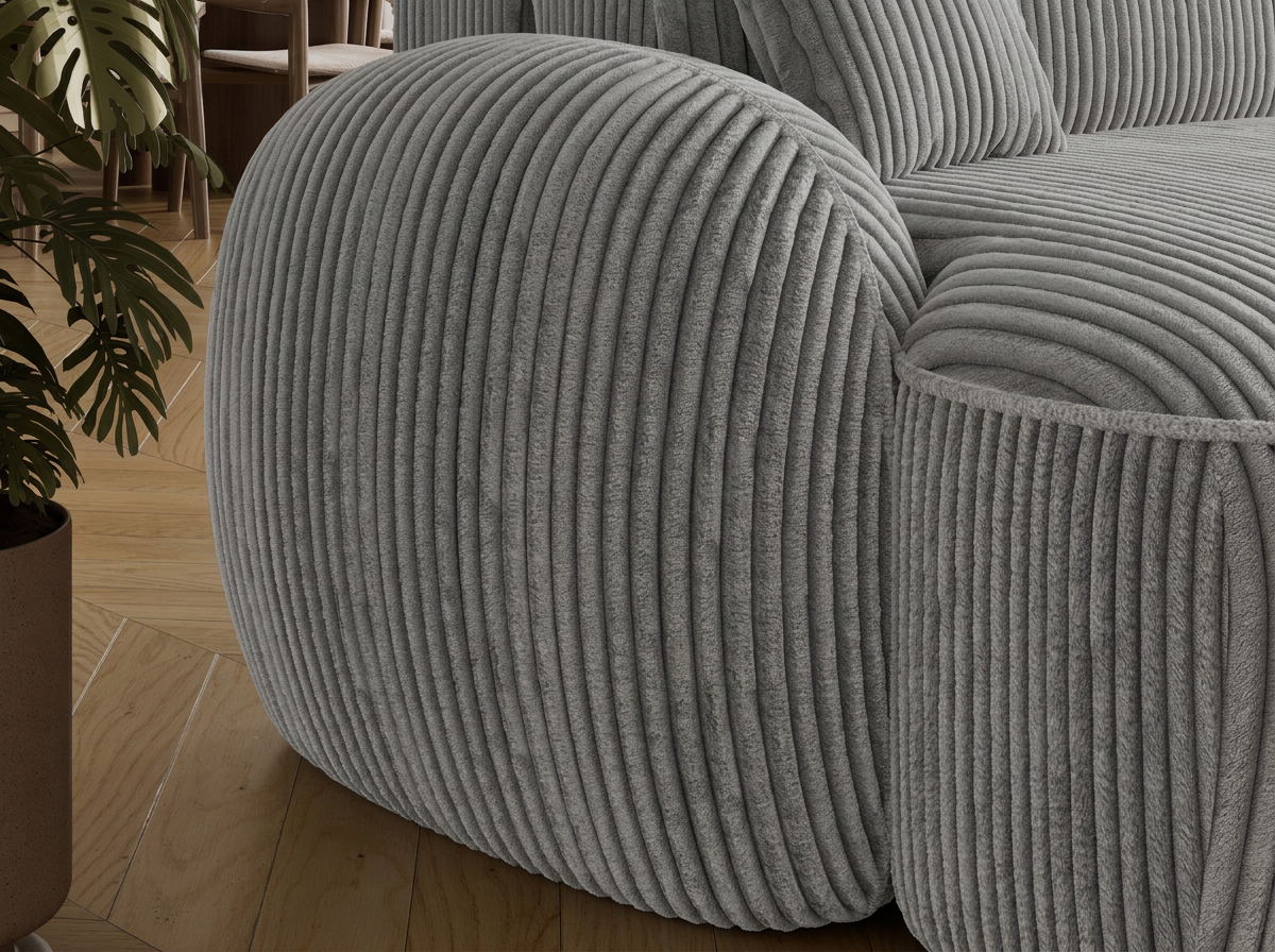 Canapé d'angle convertible design MIRABEAU avec coffre de rangement - Velours côtelé épais gris clair - vue 8