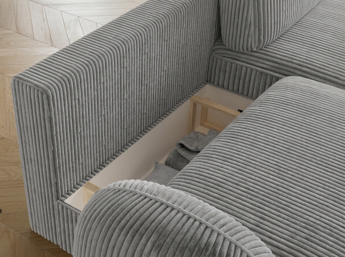 Canapé d'angle convertible design MIRABEAU avec coffre de rangement - Velours côtelé épais gris clair - vue 9