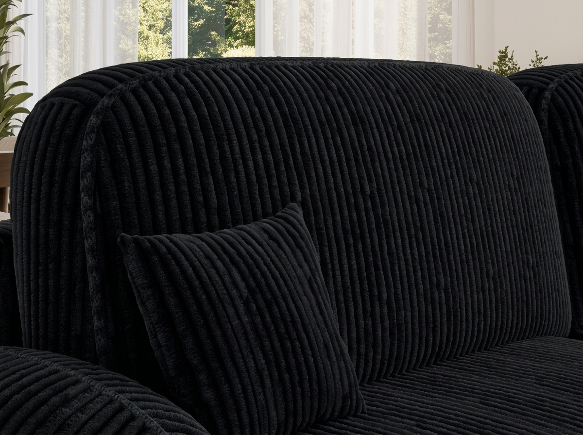 Canapé d'angle convertible design MIRABEAU avec coffre de rangement - Velours côtelé épais noir - vue 6