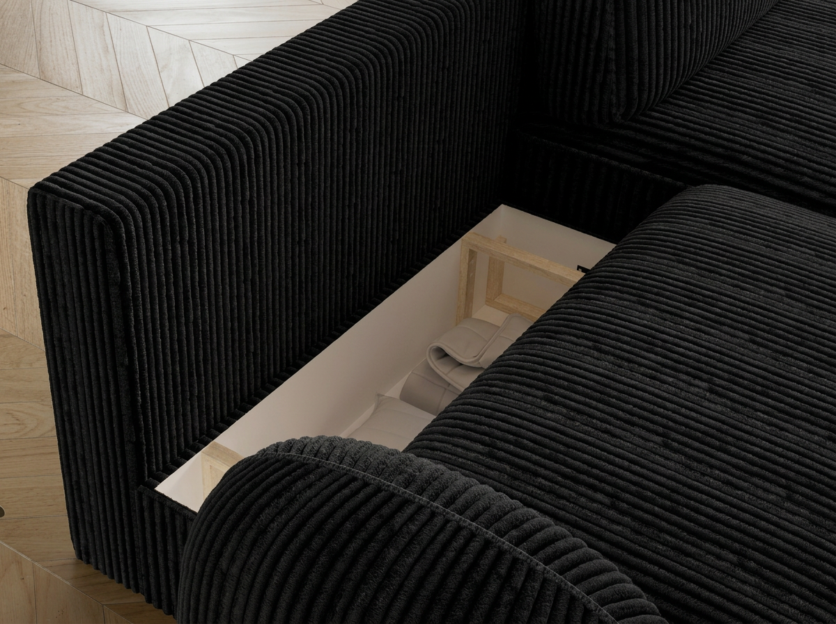 Canapé d'angle convertible design MIRABEAU avec coffre de rangement - Velours côtelé épais noir - vue 9