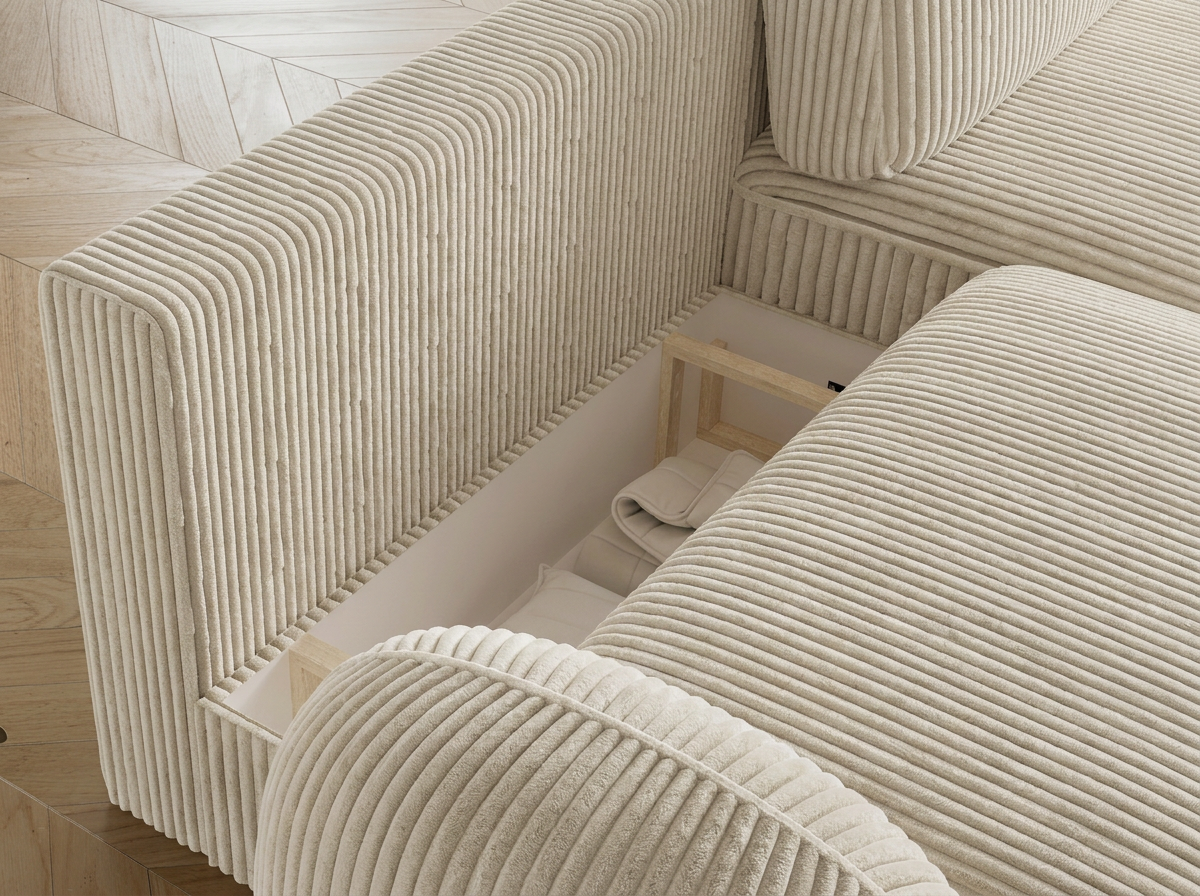 Canapé d'angle convertible design MIRABEAU avec coffre de rangement - Velours côtelé épais sable - vue 9