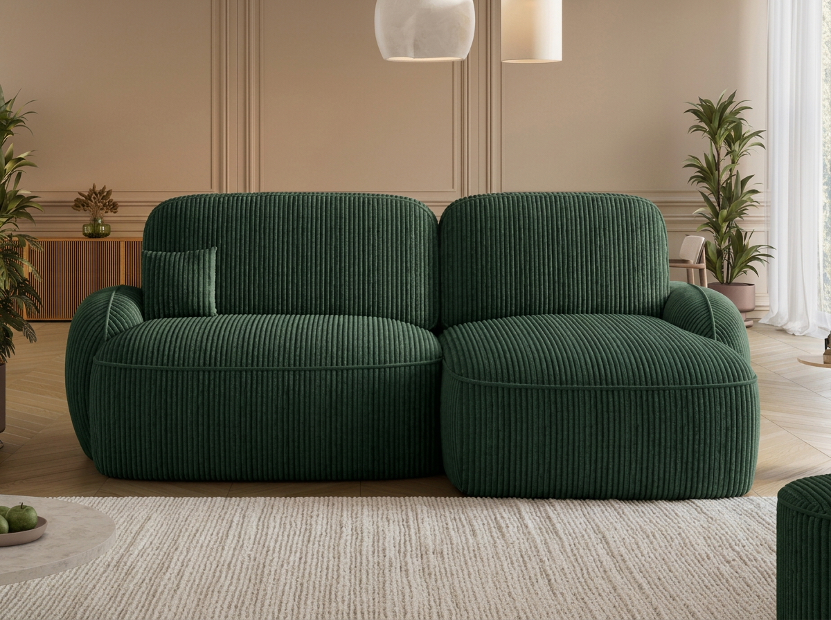 Canapé d'angle convertible design MIRABEAU avec coffre de rangement - Velours côtelé épais vert - vue 3